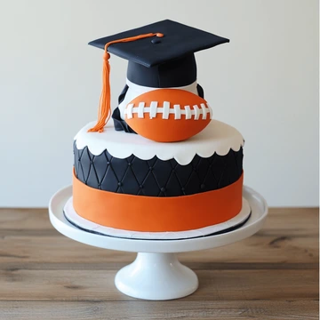 Gradution cake with a football and black graduation cap on top. decoreted with orange,white,and black fondant.