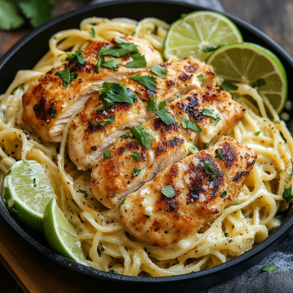 Golden-seared Coco Lime Chicken atop creamy pasta, garnished with fresh cilantro and lime wedges, drizzled with a rich coconut lime sauce.