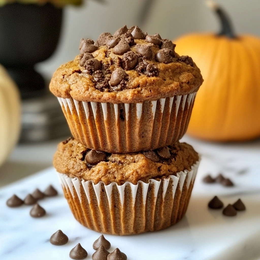 Two stacked protein pumpkin muffins topped with chocolate chips, sitting on a white marble surface, with a pumpkin in the blurred background and scattered chocolate chips around.