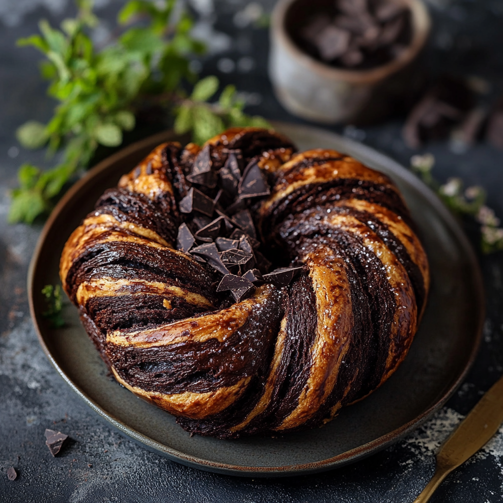 Chocolate Swirled Babka Garnished with Dark Chocolate Chunks