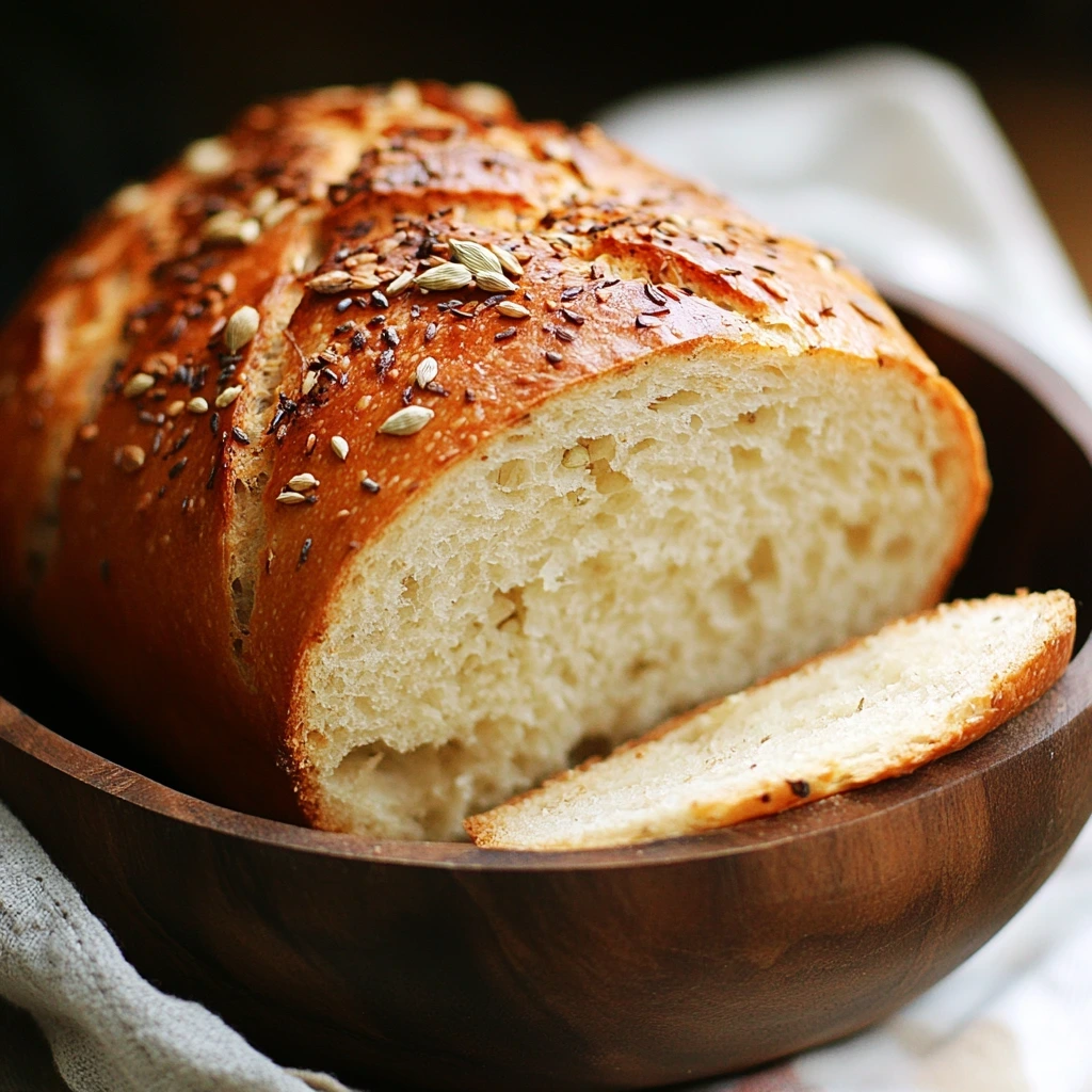 A golden loaf of cardamom bread topped with mixed seeds, placed in a wooden bowl with a slice cut to reveal its soft interior.