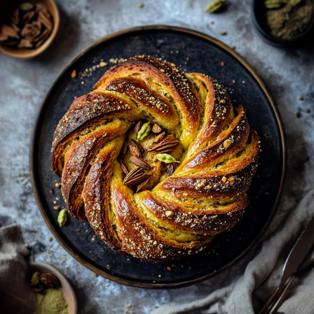 A beautifully braided cardamom bread, golden brown with a glossy finish, garnished with almonds and cardamom pods, served on a black plate.