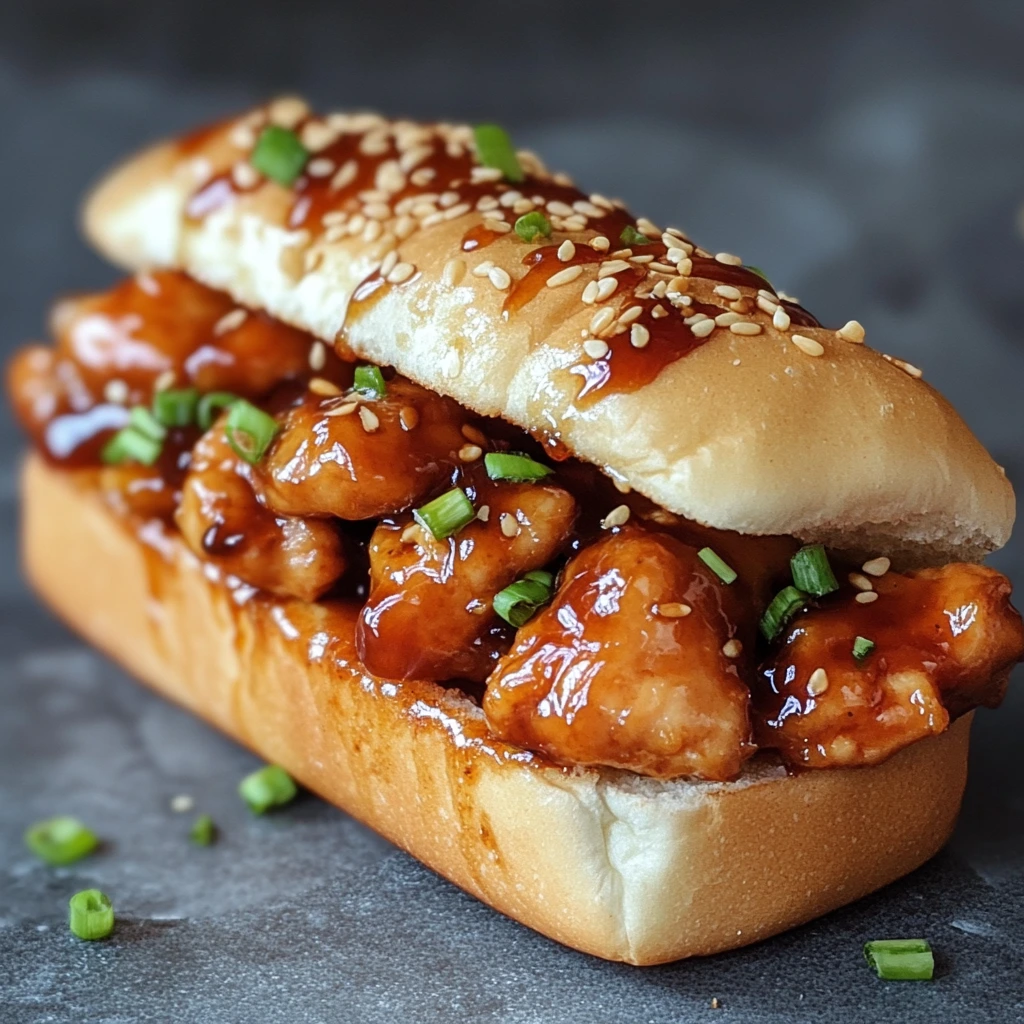 A close-up of a hot honey chicken sandwich with glazed chicken pieces, sesame seeds, and chopped green onions served on a soft toasted bun.