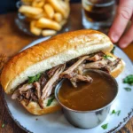 French dip sandwich filled with shredded beef, served on a toasted roll with a cup of au jus and fries in the background.