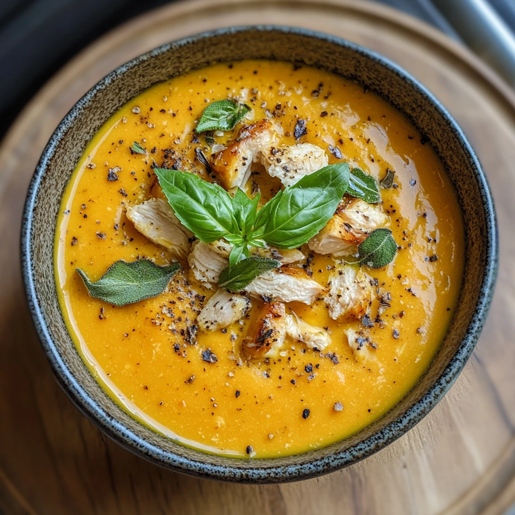 A bowl of creamy butternut squash soup topped with grilled chicken, fresh basil leaves, and sage, sprinkled with cracked black pepper.