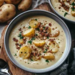 A bowl of creamy potato soup topped with golden potato slices, crispy crumbles, fresh parsley, and cracked black pepper, served in a light gray bowl on a wooden board.