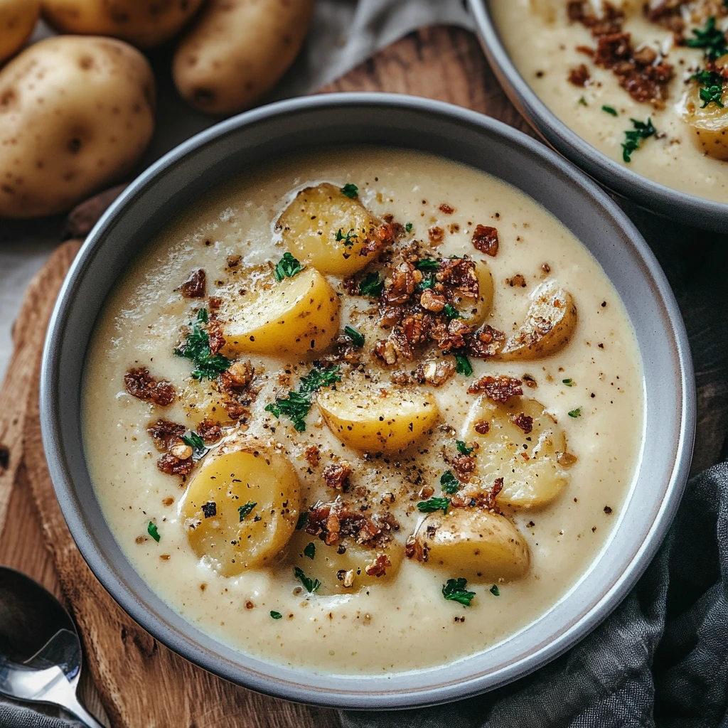 A bowl of creamy potato soup topped with golden potato slices, crispy crumbles, fresh parsley, and cracked black pepper, served in a light gray bowl on a wooden board.