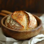 A freshly baked sourdough bread with a golden crust and intricate scoring, resting in a rustic wooden bowl on a white cloth.