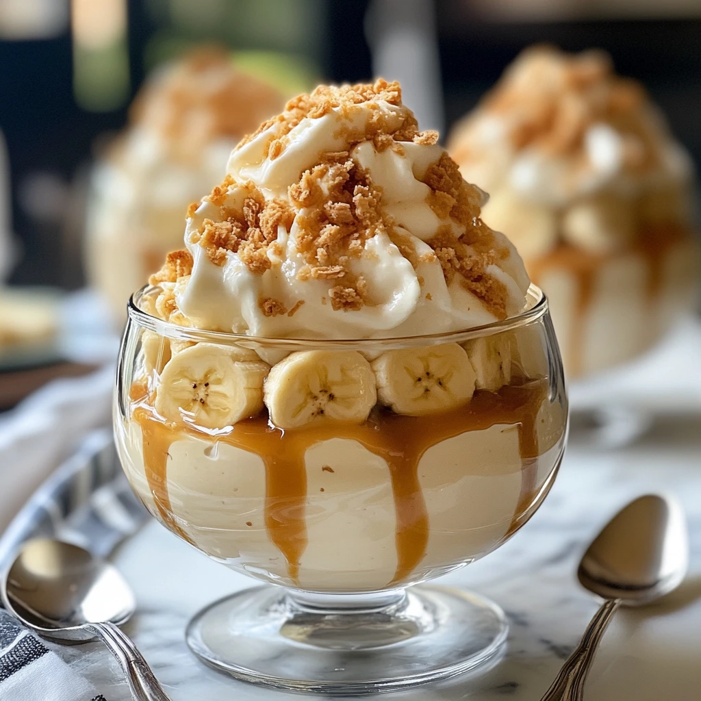 A glass dessert cup filled with creamy banana pudding, layered with fresh banana slices, drizzled with caramel sauce, and topped with whipped cream and crumbled cookies.