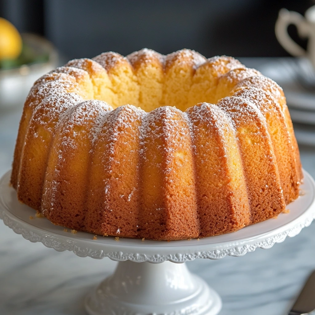 A classic golden pound cake with a light, fluffy texture, beautifully dusted with powdered sugar and served on an elegant white cake stand.