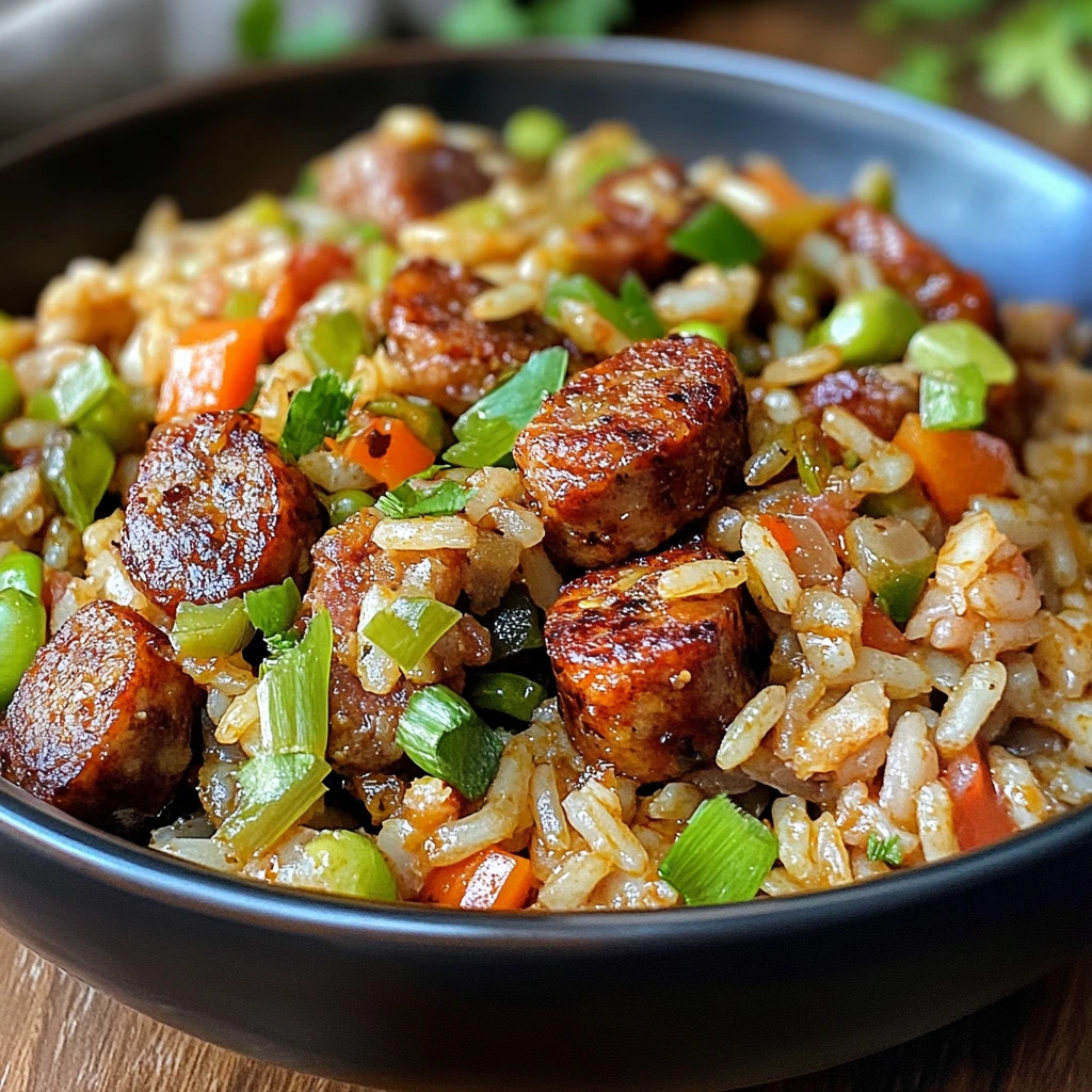 A bowl of Cajun dirty rice with seared sausage, diced vegetables, and fresh green onions, packed with bold spices.