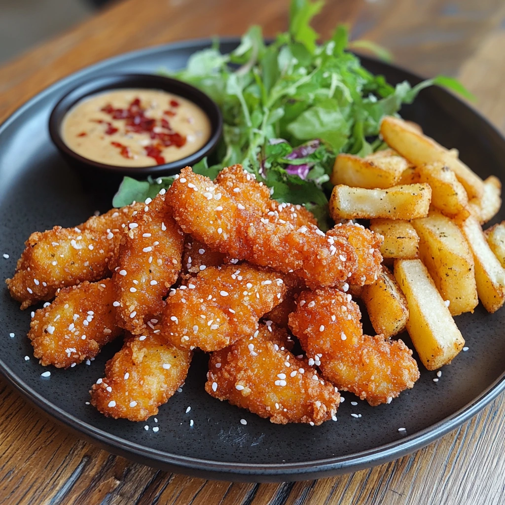  Crispy golden chicken nuggets served with fries, fresh salad, and a spicy dipping sauce on a black plate.