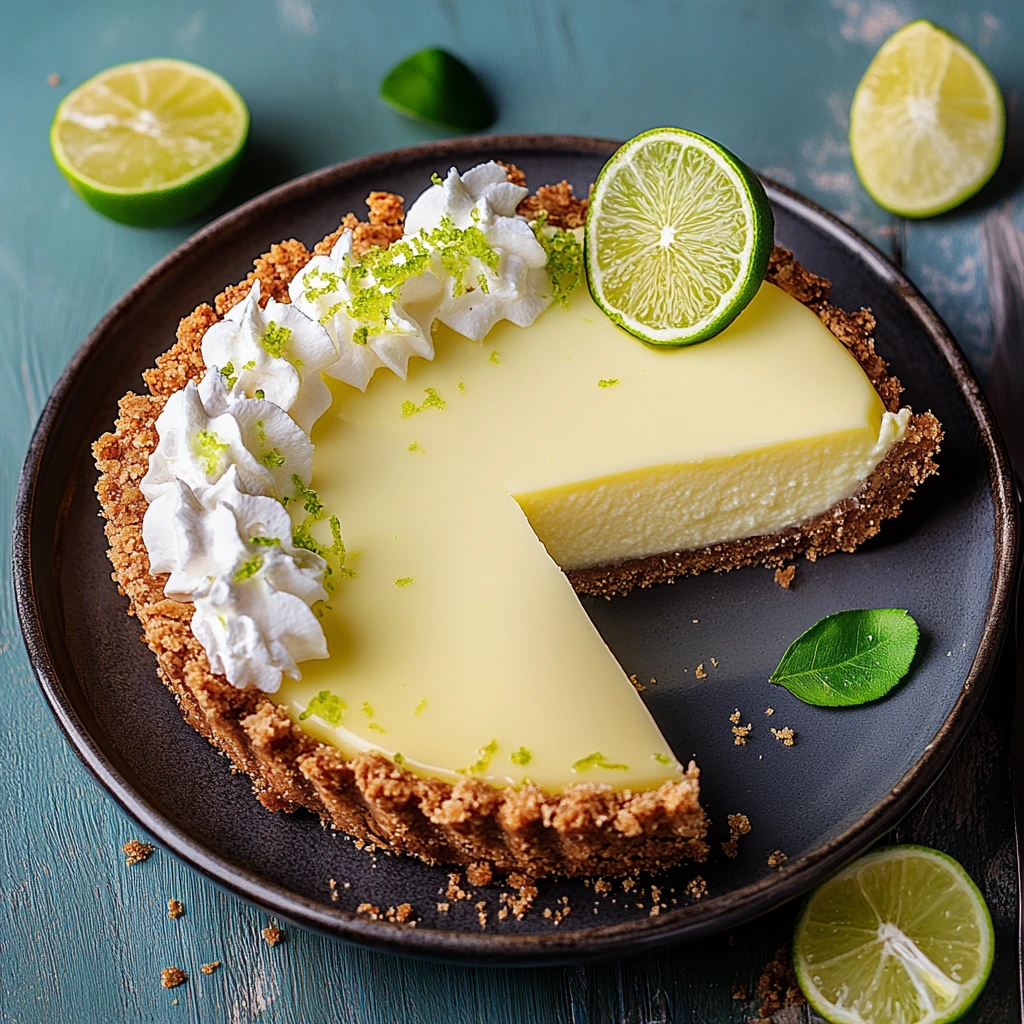 A freshly made Key Lime Pie with a golden graham cracker crust, creamy lime filling, and topped with whipped cream and lime zest. A slice is removed, revealing its smooth texture.