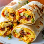 Close-up of golden-brown breakfast burritos filled with scrambled eggs, crispy bacon, melted cheese, avocado, and diced tomatoes, served on a white plate.