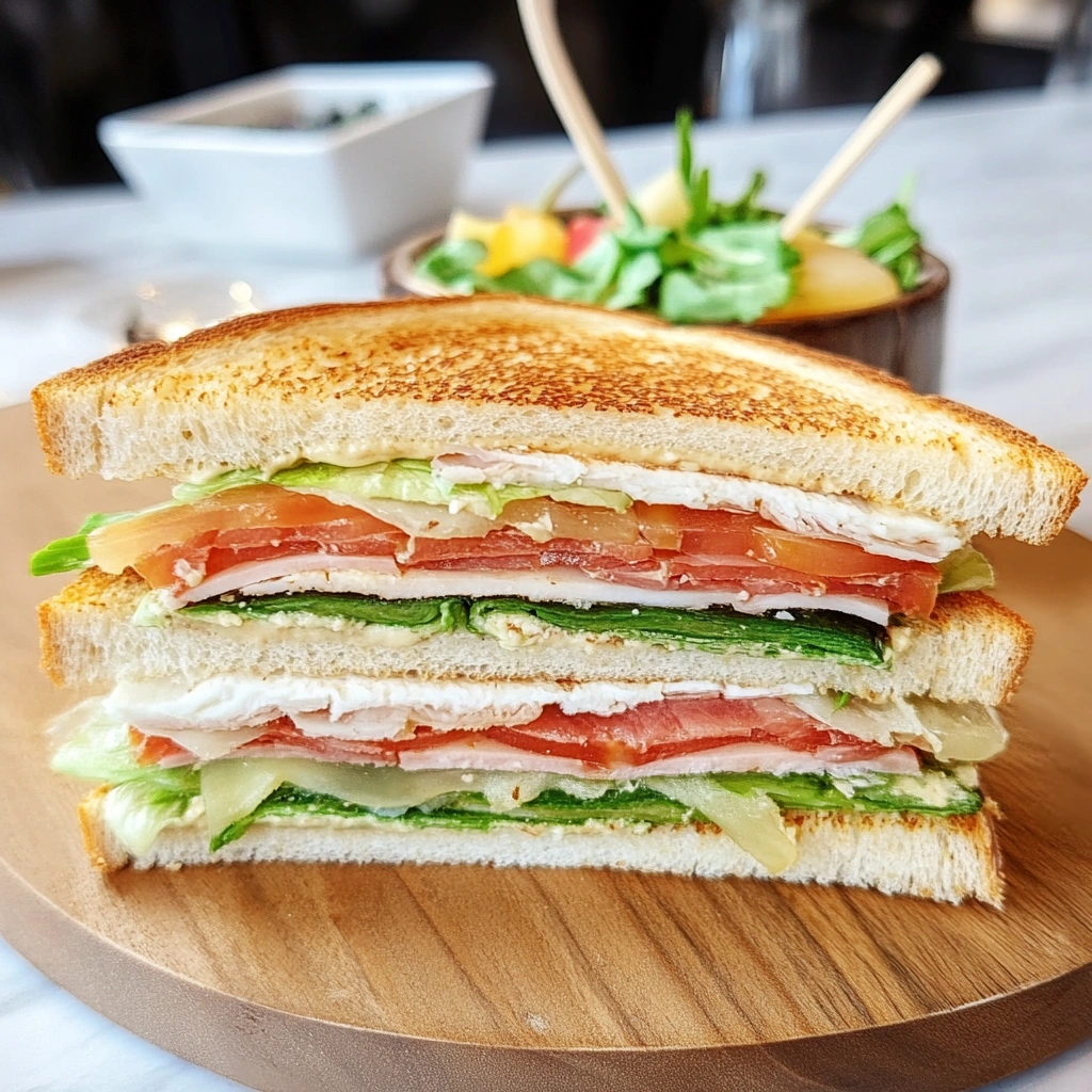 Close-up of a stacked club sandwich with turkey, lettuce, tomato, and creamy cheese on toasted bread, served on a wooden plate with a fresh salad in the background.