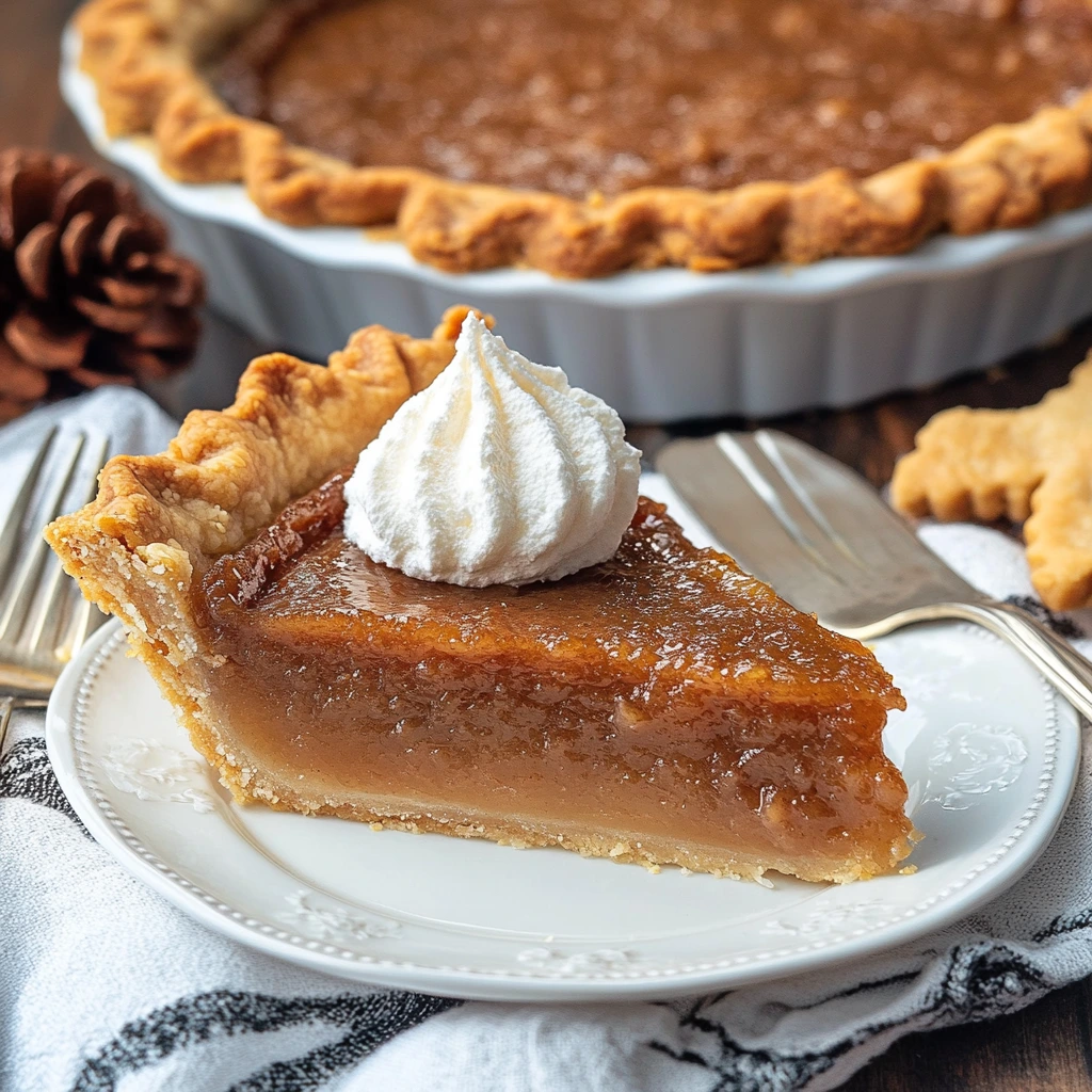 A close-up of a slice of sweet bean pie with a golden, flaky crust and a glossy, caramelized filling, topped with a swirl of whipped cream. The whole pie sits in the background with a decorative crimped crust, alongside forks and pinecones for a cozy presentation.