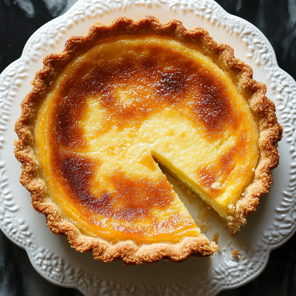 A beautifully baked Buttermilk Pie with a golden, caramelized top and a flaky, crimped crust, served on an elegant white plate. A single slice is cut, revealing its smooth and creamy custard filling.