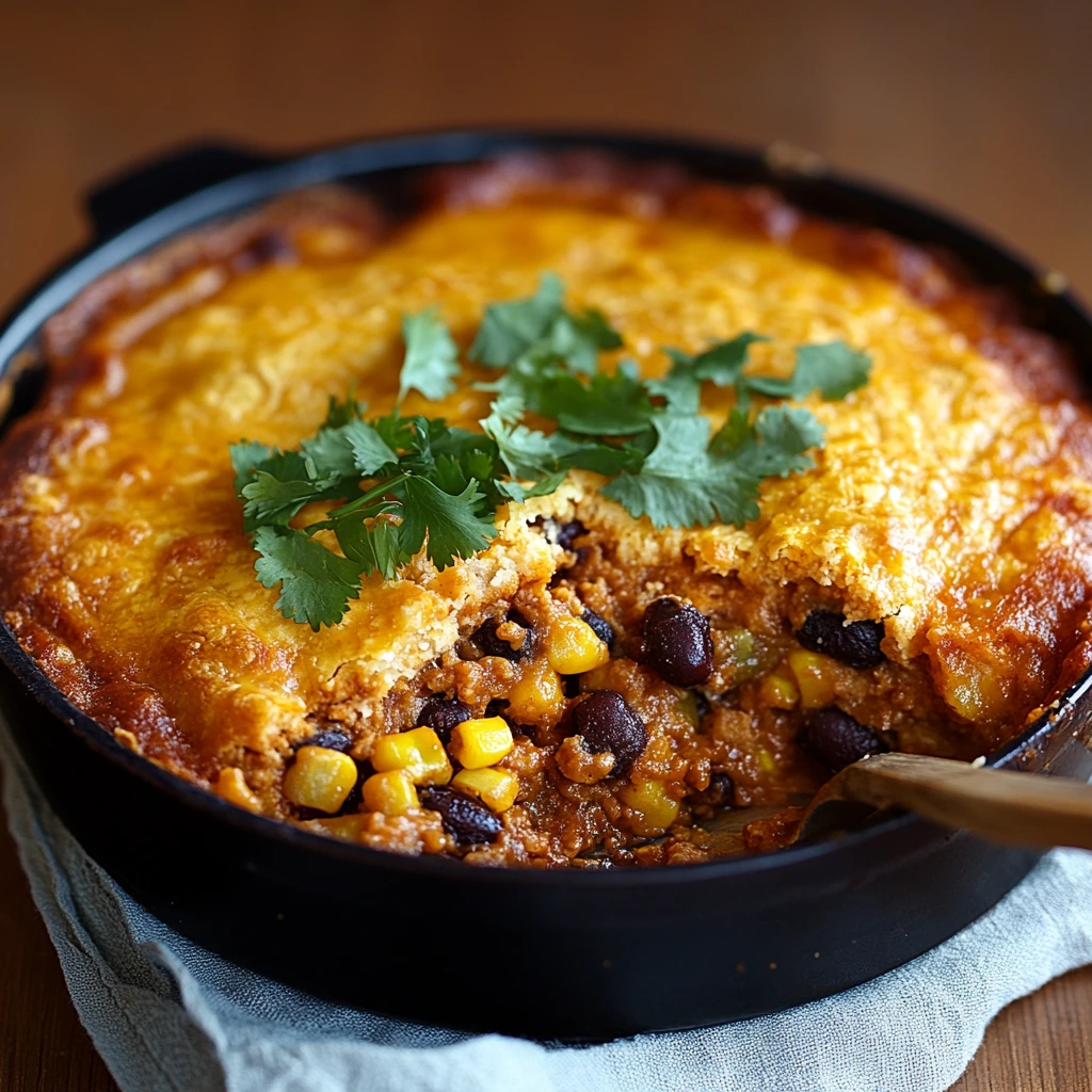 A freshly baked tamale pie in a black cast-iron skillet, featuring a golden, cheesy cornbread crust with a rich filling of seasoned ground beef, black beans, and corn, garnished with fresh cilantro.