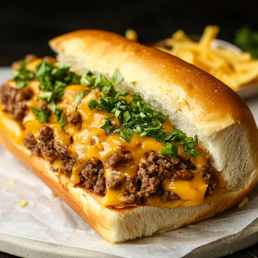 A freshly made chopped cheese sandwich with seasoned ground beef, melted cheddar cheese, and fresh chopped herbs, served on a toasted hoagie roll.