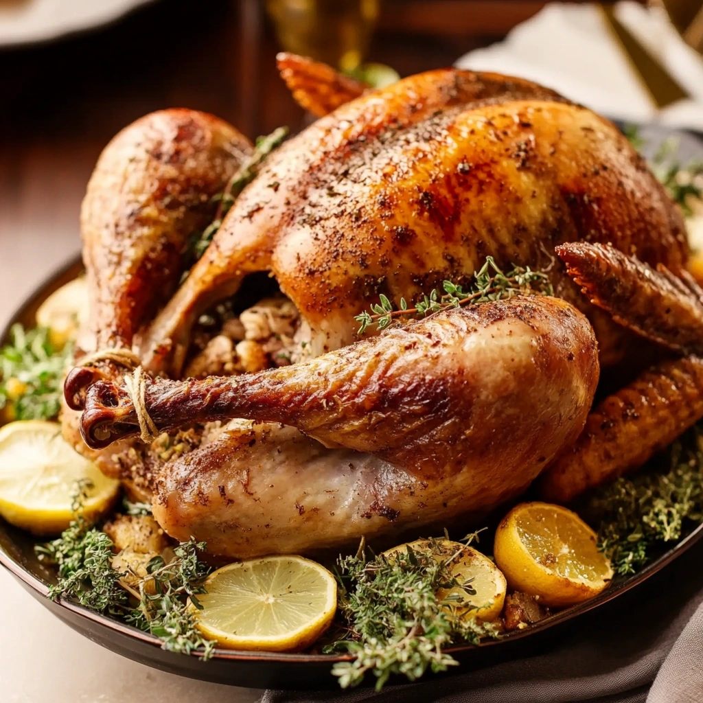 Golden-brown roasted turkey garnished with fresh herbs and lemon slices, served on a black platter for a delicious holiday feast.