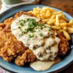 Crispy chicken fried steak topped with creamy country gravy, garnished with fresh parsley, and served with golden French fries.