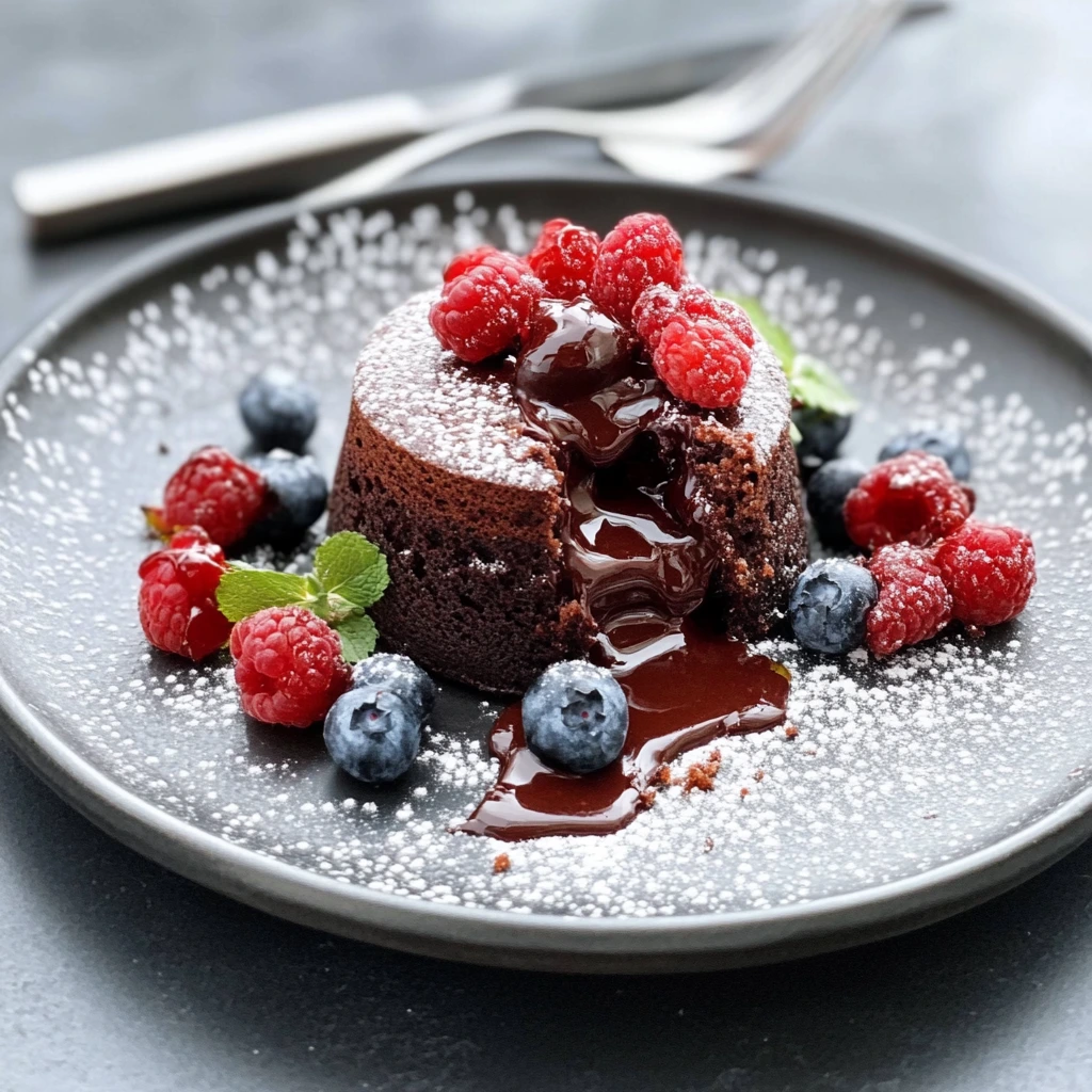 A molten chocolate cake with a rich, gooey center flowing out, topped with fresh raspberries, blueberries, and mint leaves, dusted with powdered sugar, and served on a black plate.