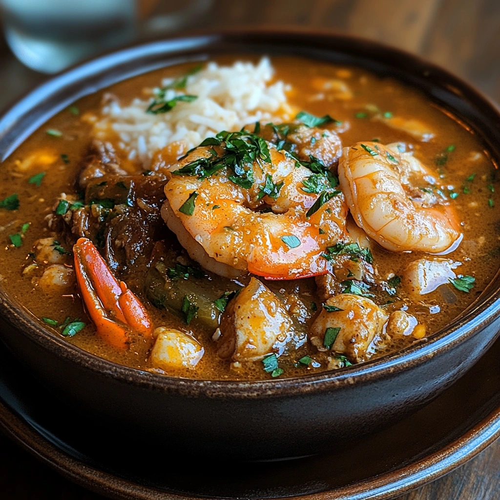 A bowl of seafood gumbo with shrimp, crab, and vegetables, served over white rice and garnished with fresh herbs.