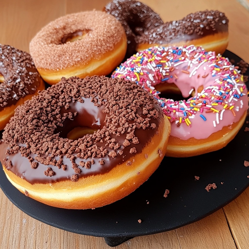 A variety of gourmet donuts, including chocolate-covered, pink-frosted, and cinnamon sugar donuts, served on a black plate.