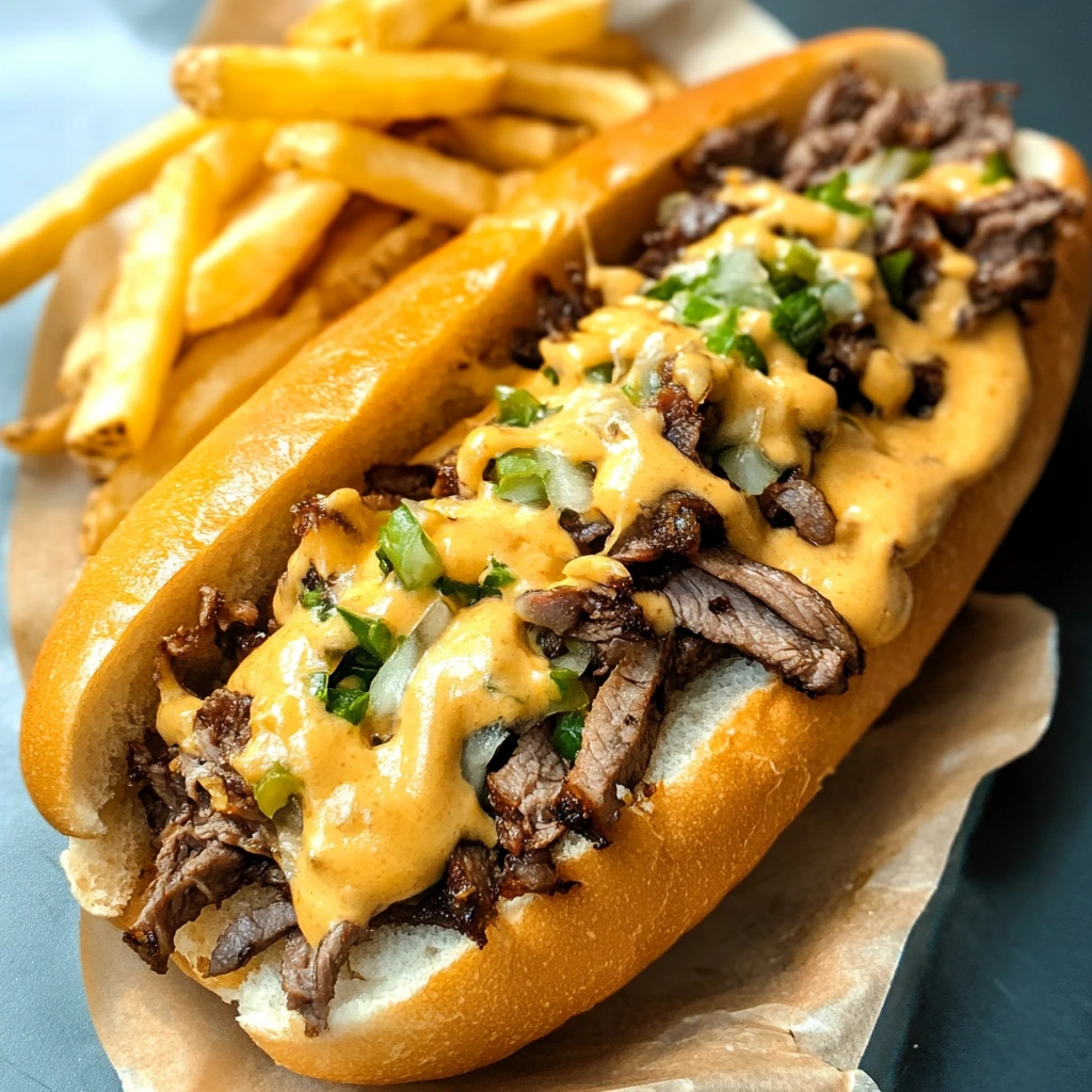 Philly cheesesteak sandwich with tender sliced beef, melted cheese sauce, diced onions, and jalapeños, served on a toasted hoagie roll with crispy fries.