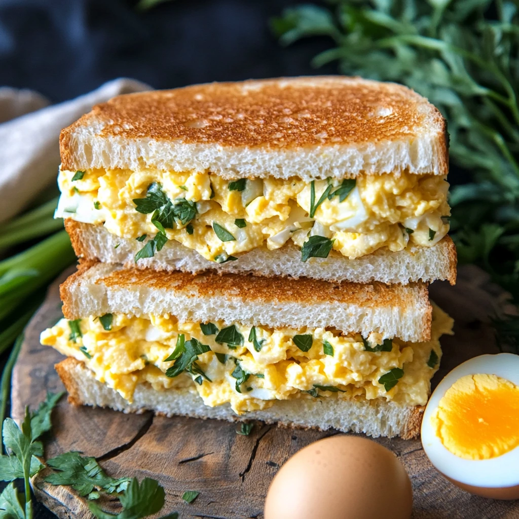 A stacked egg salad sandwich with golden toasted bread, creamy egg filling, and fresh herbs, served on a rustic wooden board.