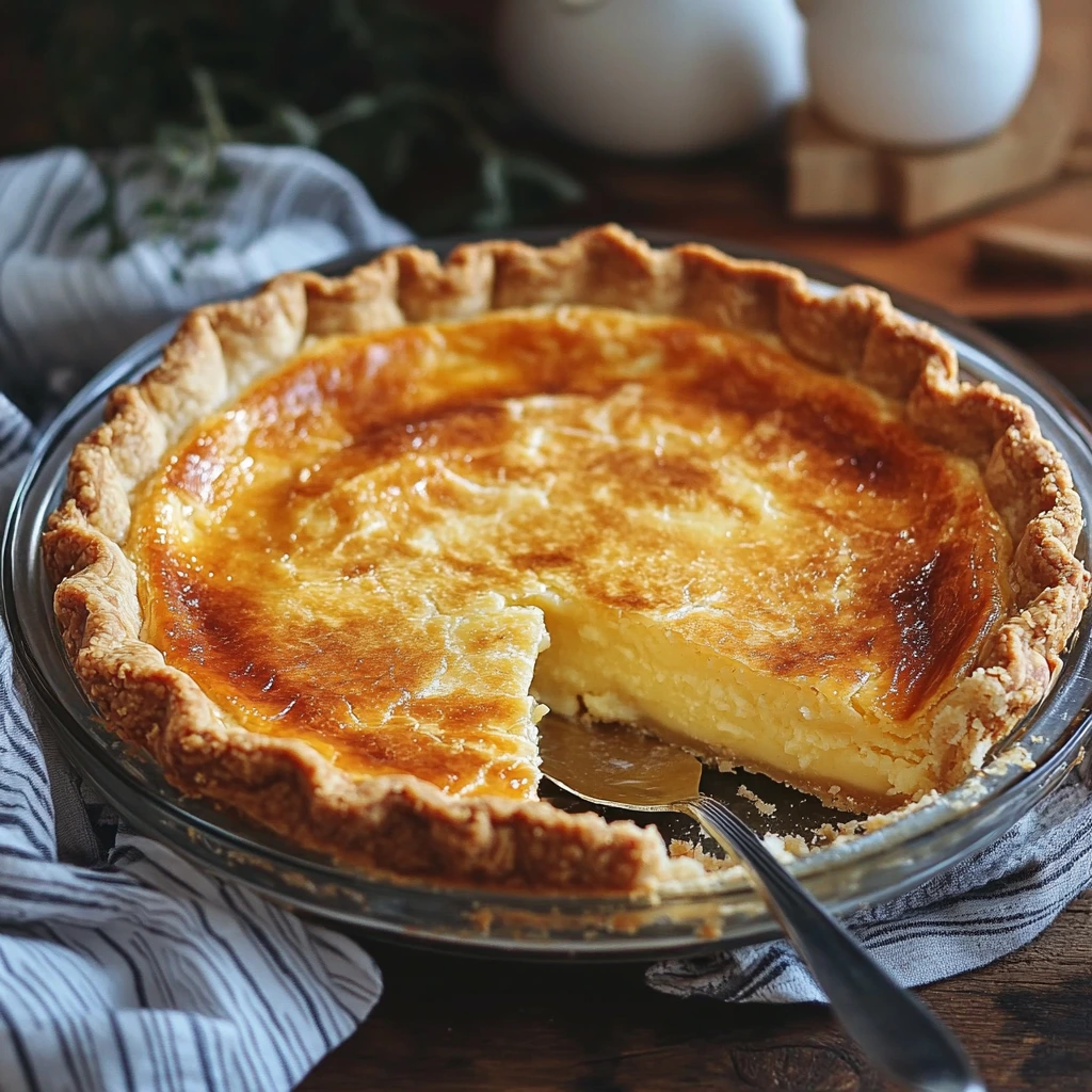 A freshly baked Buttermilk Pie with a golden, flaky crust and a smooth, custard-like filling. A slice has been removed, showing the creamy interior, with a serving spoon resting in the glass pie dish. The pie sits on a rustic wooden table with a striped cloth and cozy kitchen elements in the background.