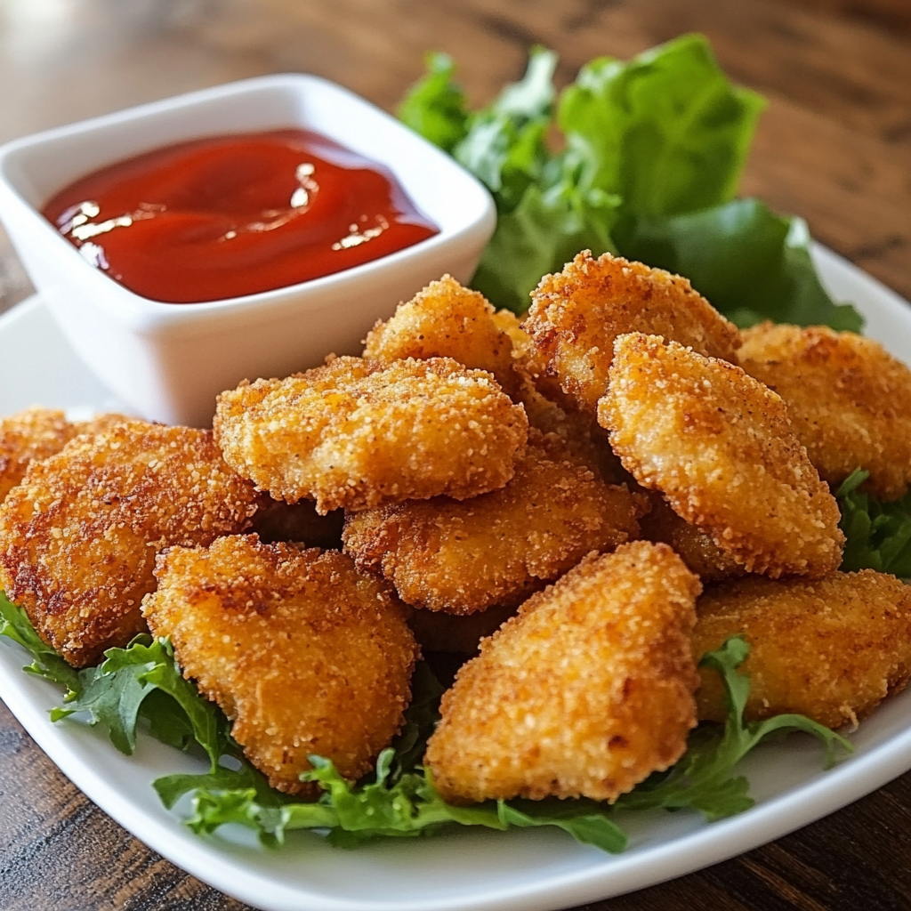 Crispy homemade chicken nuggets served on a white plate with fresh greens and a side of ketchup.