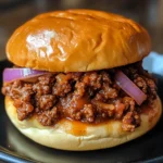 Close-up of a homemade Sloppy Joe sandwich with saucy ground beef, sautéed onions, and red onion slices on a toasted brioche bun, served on a black plate.