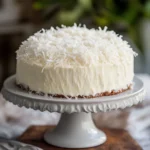 Classic coconut cake with creamy frosting, topped with piped buttercream swirls and coated in shredded coconut, placed on a rustic wooden table.