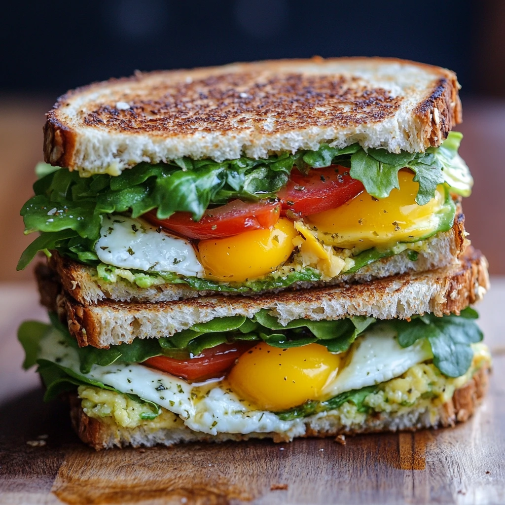 Delicious homemade breakfast sandwich with fried eggs, fresh tomatoes, lettuce, and avocado on toasted whole-grain bread.